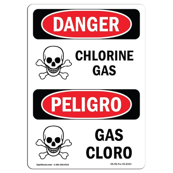 Safety Sign, OSHA Danger, 5" Height, Gas Cloro, Bilingual Spanish, 10PK